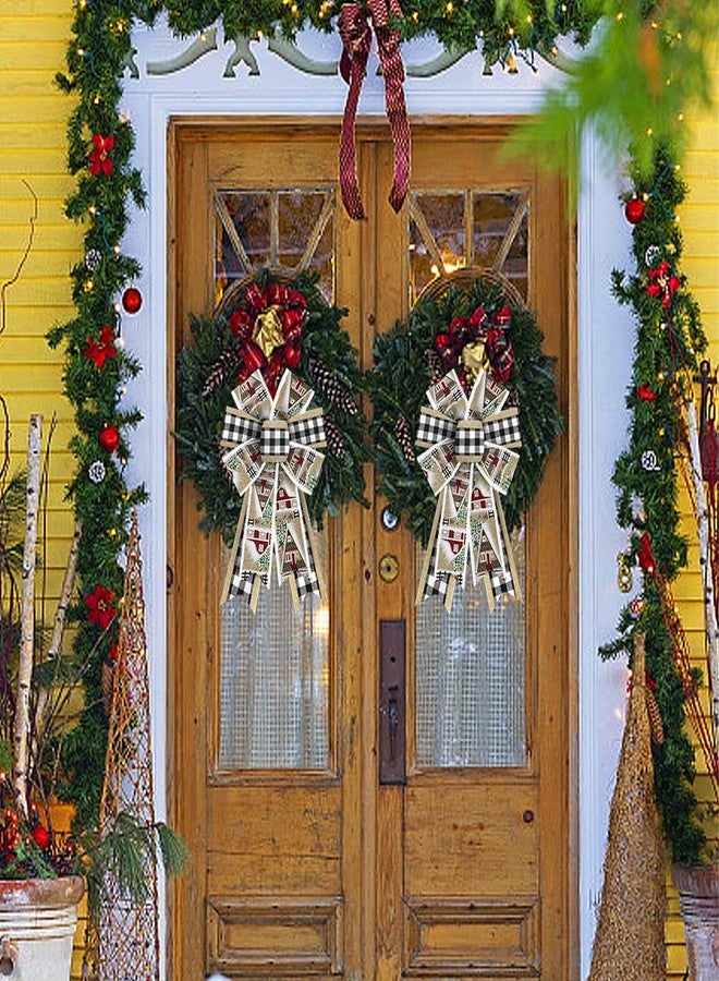 Threetols 2PCS Christmas Wreath Bows, White Black Buffalo Plaid Bows for Wreath Beige Farmhouse Bows for Front Door Winter House Bows Christmas Tree Bows for New Year Indoor Outdoor Xmas Decorations - Image 3